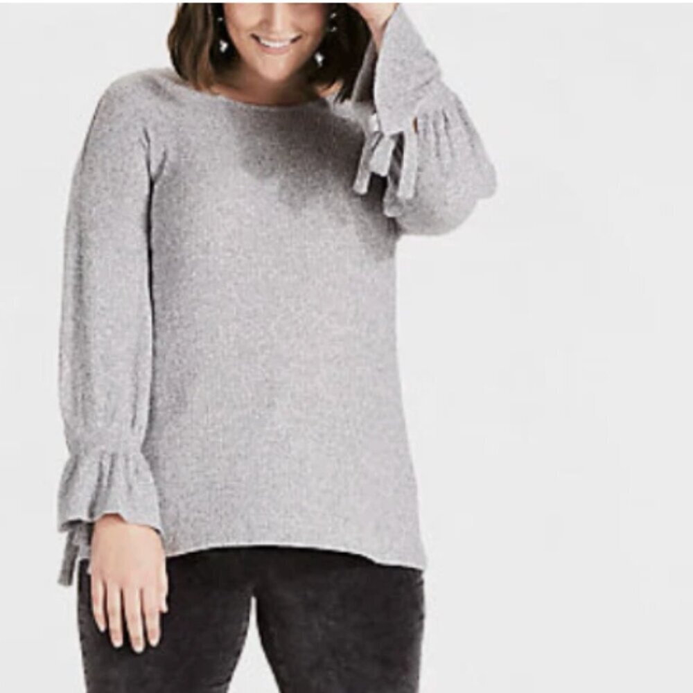 Lucky Brand Women's Size Small Ribbed Blouse Bell Sleeve Heather Oatmeal Gray